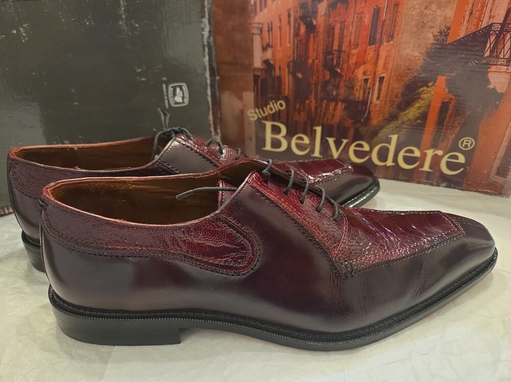Belvedere Genuine Men Ostrich Leg DINO Burgundy Dress Shoes Size US9.5